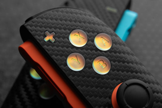 Close up of ABXY holographic buttons installed in a joycon